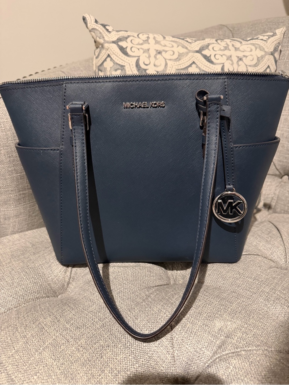 Michael Kors Blue Saffiano Leather Tote with MK Charm